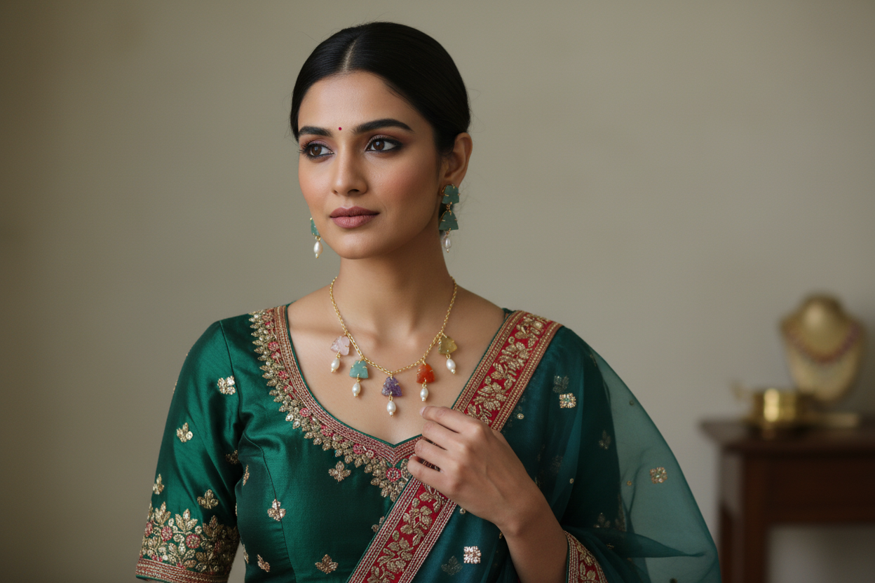 Diana Multi Colour Natural Stone Premium Necklace Set with Pearl Drops