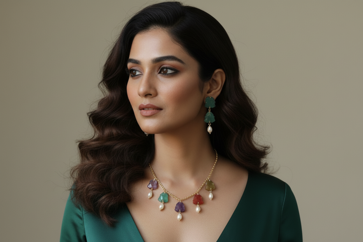 Diana Multi Colour Natural Stone Premium Necklace Set with Pearl Drops