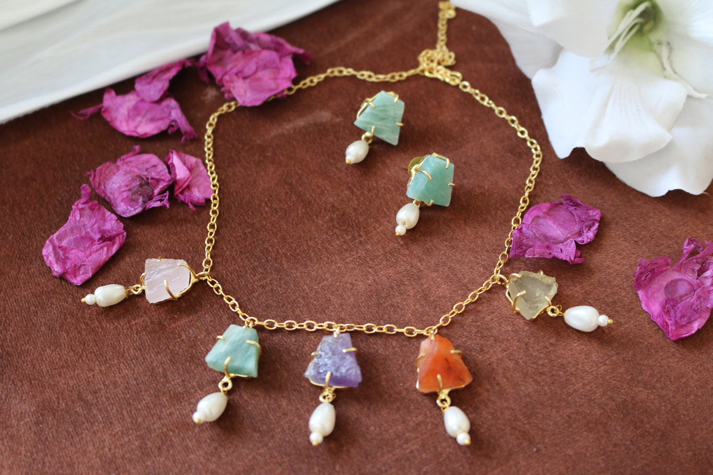Diana Multi Colour Natural Stone Premium Necklace Set with Pearl Drops