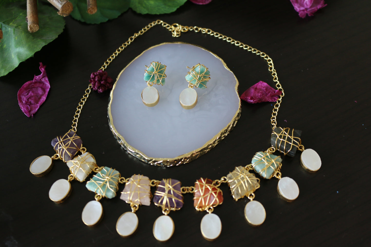Heera Multi Colour Premium Necklace Set with Mother of Pearl Drops